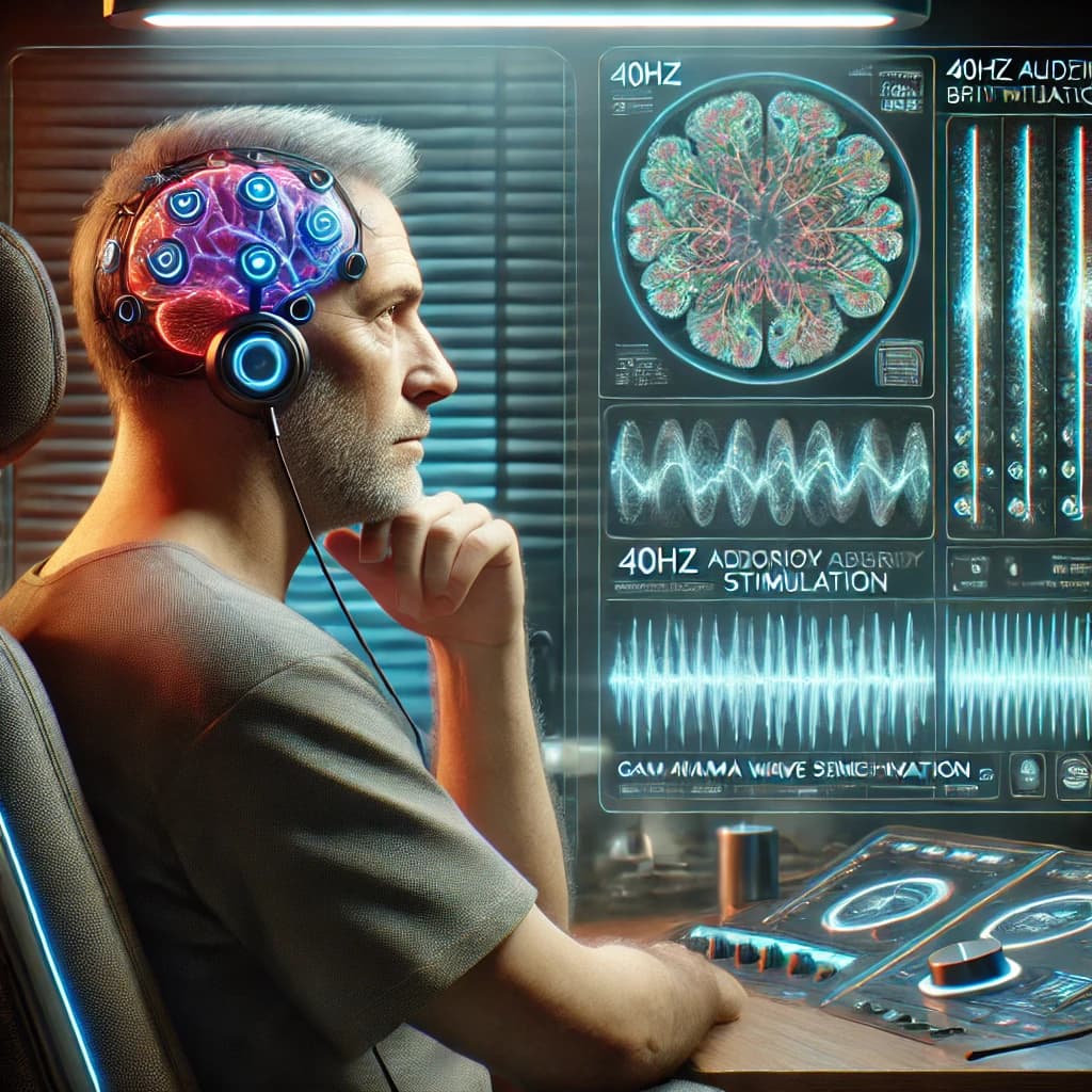 Hombre con auriculares realizando estimulación cerebral con ondas de 40Hz frente a paneles digitales,