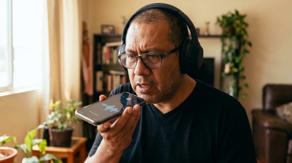Persona con Parkinson usando smartphone y audífonos realizando terapia de voz guiada por inteligencia artificial en casa
